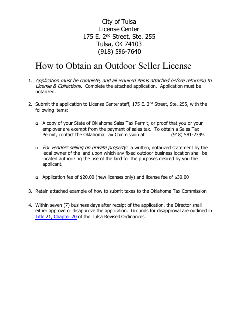 First page of the Outdoor Seller License Application