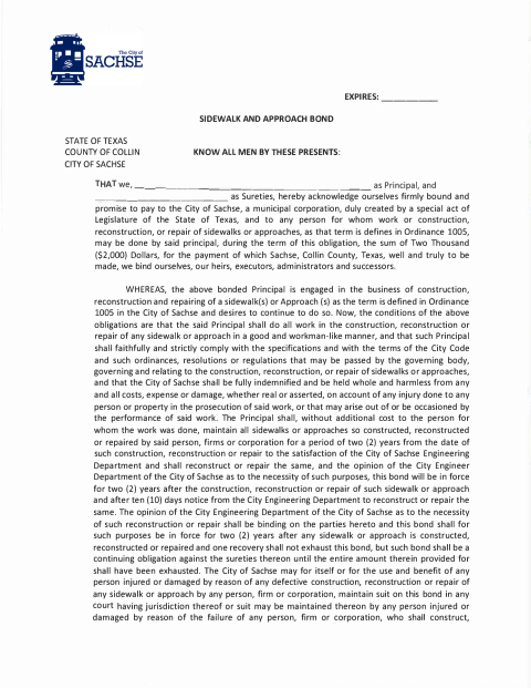 First page of the Sidewalk and Approach Bond