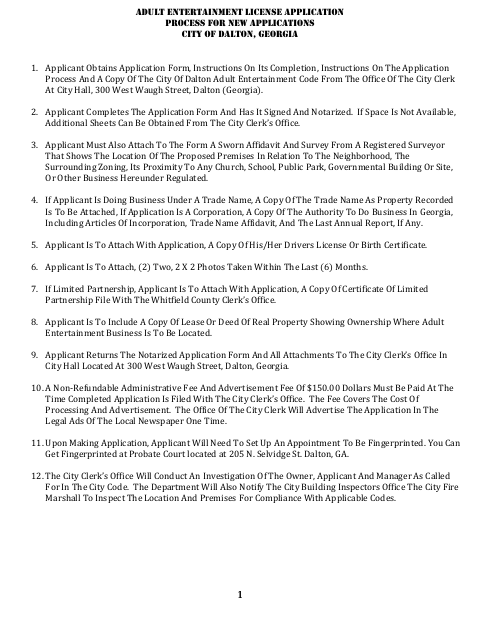 First page of the Adult Entertainment License Application