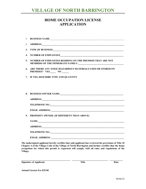 First page of the Home Occupation License Application