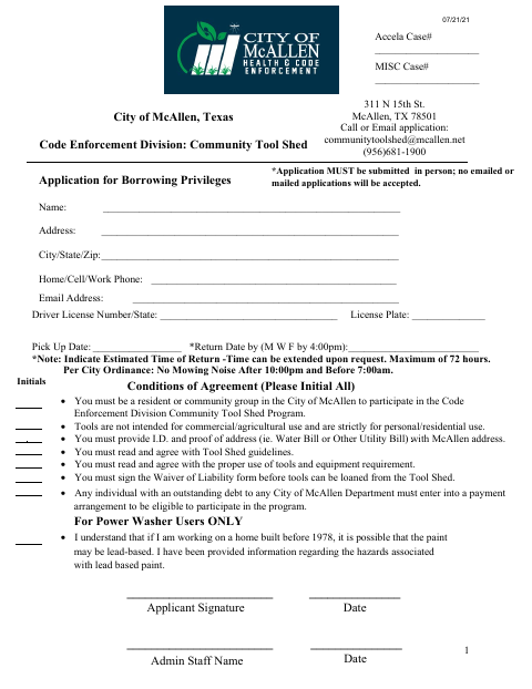 First page of the Community Tool Shed Borrowing Application