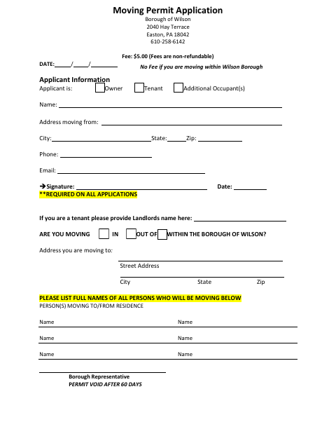First page of the Moving Permit Application