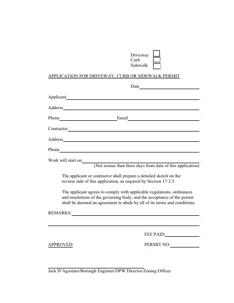 First page of the Application for Driveway, Curb or Sidewalk Permit