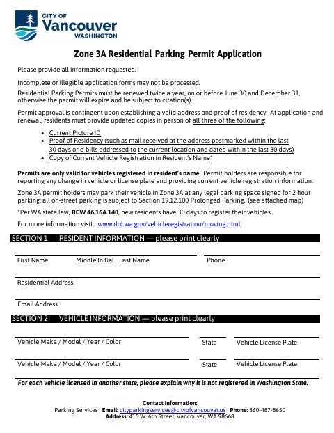 First page of the Zone 3A Residential Parking Permit Application