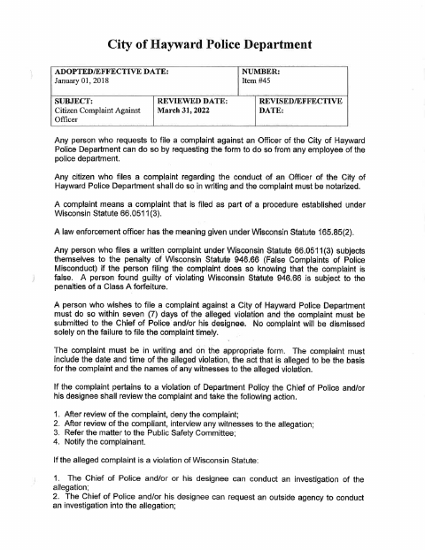 First page of the Citizen Complaint Against Police Officer