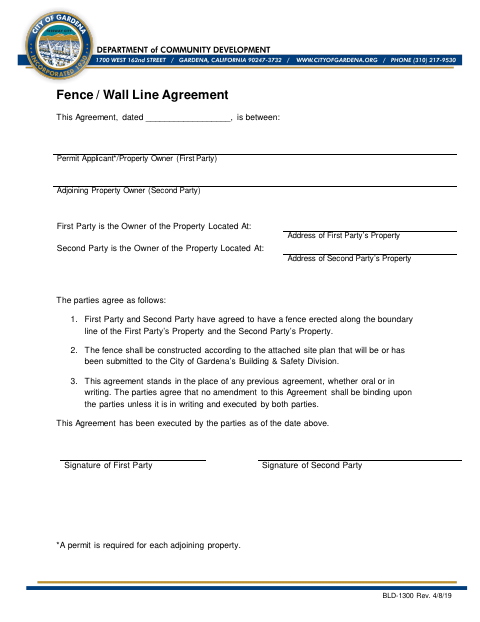 First page of the Fence Wall Line Agreement