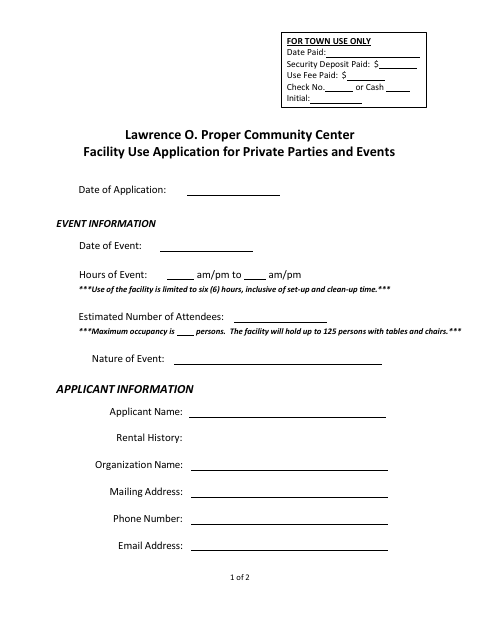 First page of the Lawrence O. Proper Community Center Facility Use Application for Private Parties and Events