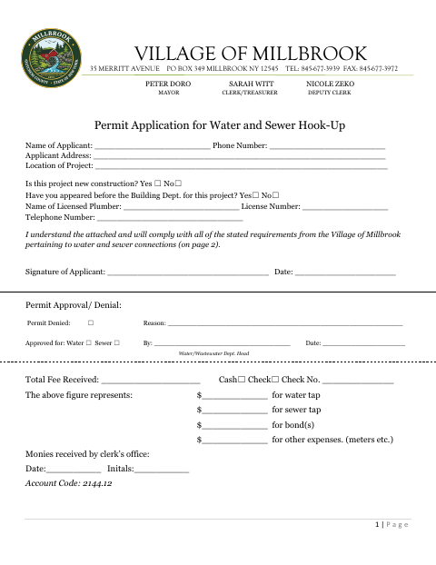 First page of the Permit Application for Water and Sewer Hook-Up