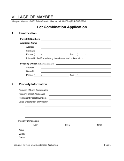 First page of the Lot Combination Application