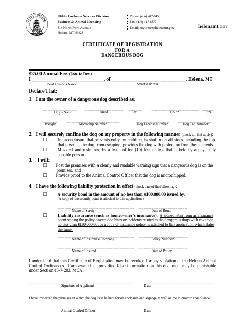 First page of the Certificate of Registration for a Dangerous Dog