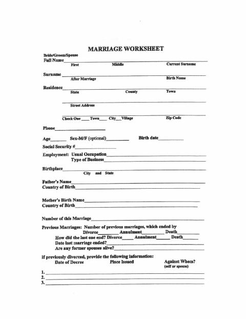 First page of the Marriage License Application Worksheet
