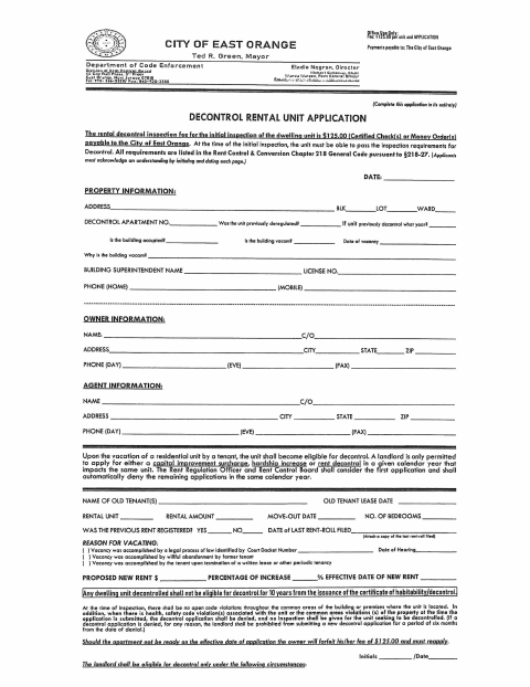 First page of the Rental Decontrol Application