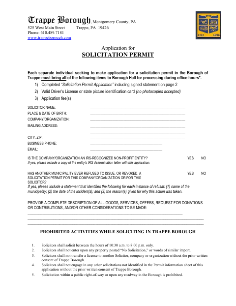 First page of the Solicitation Permit Application