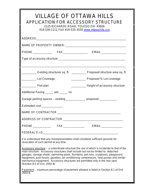 First page of the Application for Accessory Structure