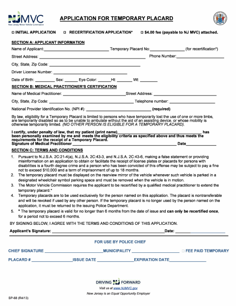 First page of the Application for Temporary Disability Placard