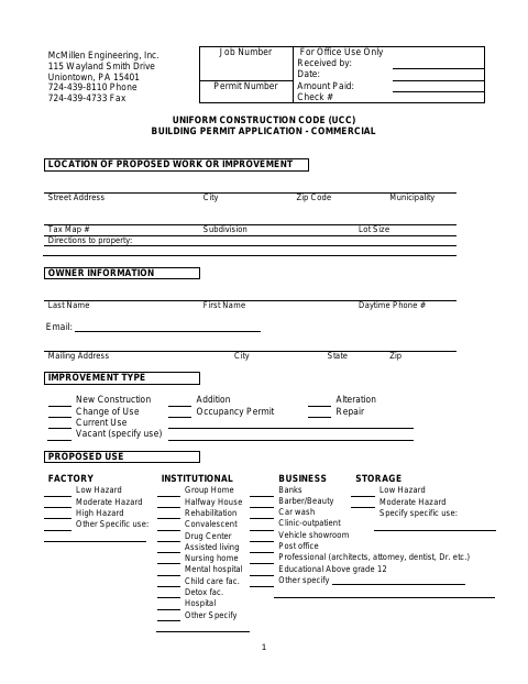 First page of the Uniform Construction Code Building Permit Application – Commercial