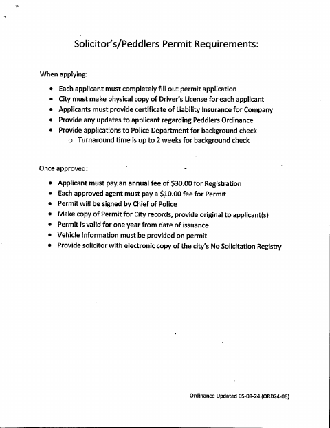First page of the Peddler / Solicitor Permit Application