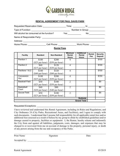 First page of the Paul Davis Park Rental Agreement