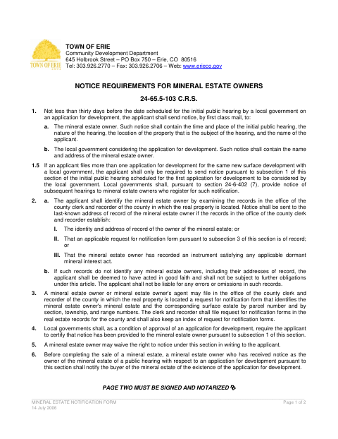 First page of the Mineral Estate Notification