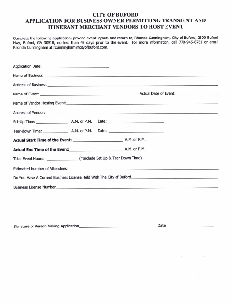 First page of the Application for Business Owner Permitting Transient and Itinerant Merchant Vendors to Host Event