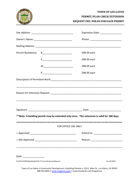First page of the Permit/Plan Check Extension Request