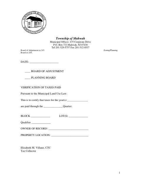 First page of the Zoning Verification of Taxes Form