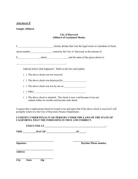 First page of the Affidavit of Unclaimed Monies