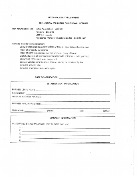 First page of the After-Hours Establishment Application