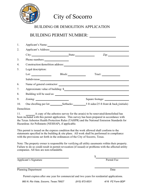 First page of the Building Or Demolition Application