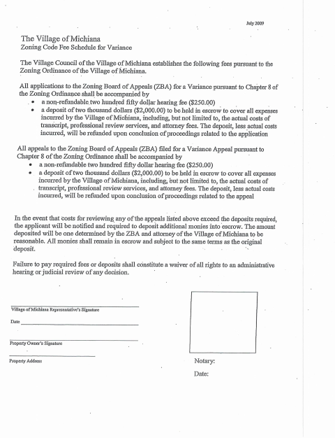 First page of the Zoning Board of Appeals Variance Application and Fee Schedule