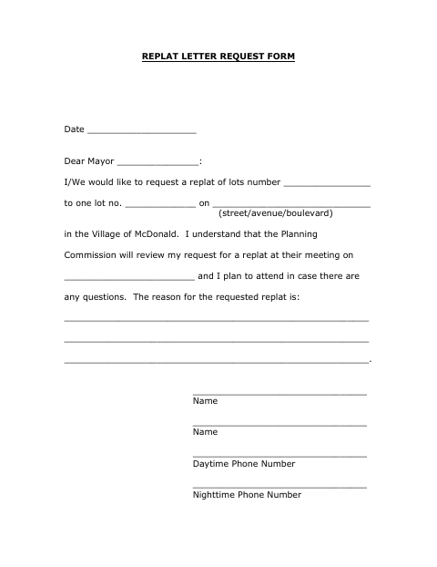 First page of the Replat Letter Request Form