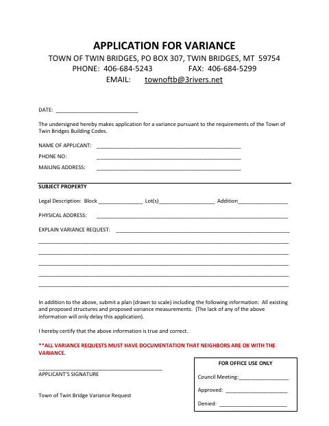 First page of the Application for Variance