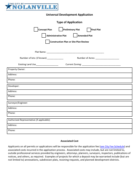 First page of the Universal Plat Application