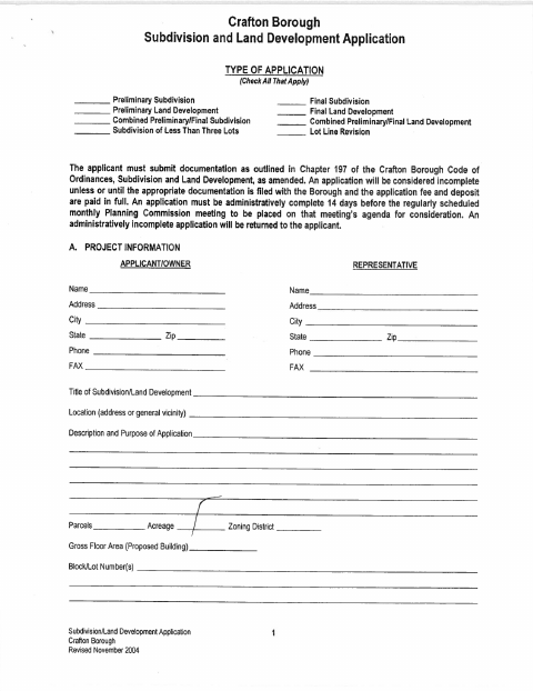 First page of the Subdivision and Land Development Application