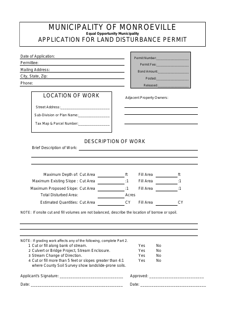 First page of the Land Disturbance Permit Application