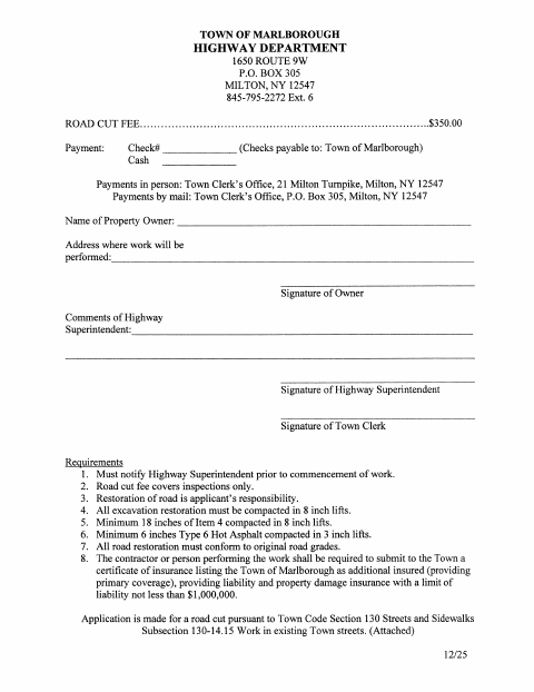 First page of the Road Cut Application