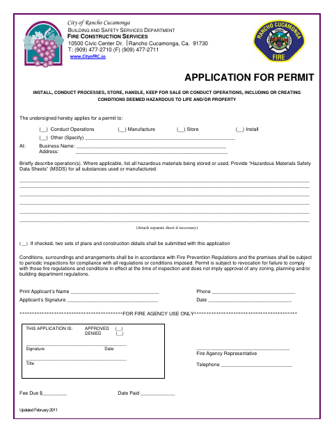 First page of the Fire Code Permit Application