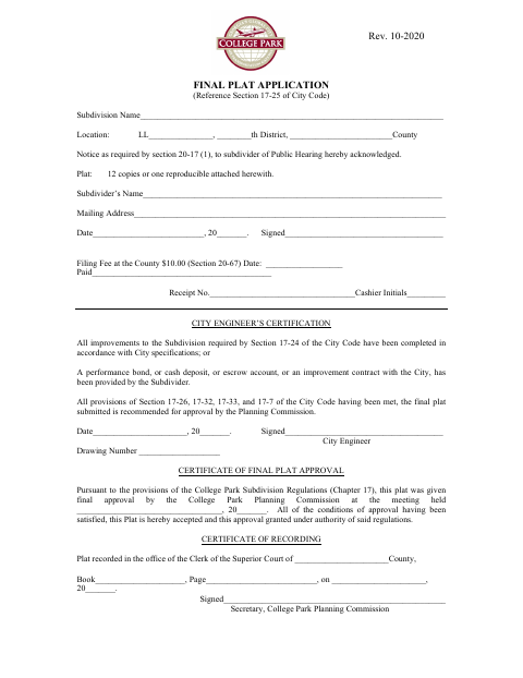 First page of the Final Plat Application