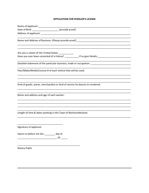 First page of the Peddler’s License Application