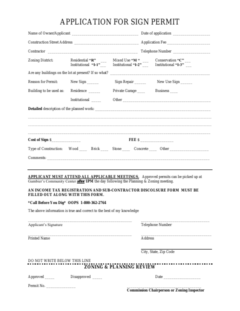 First page of the Application for Sign Permit