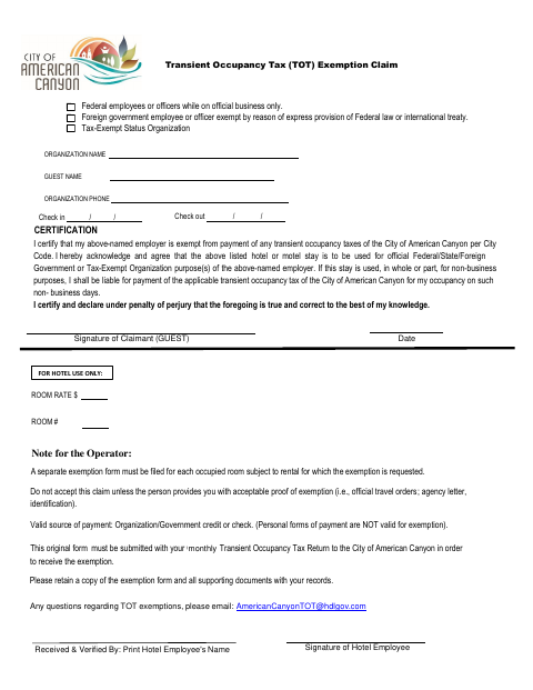 First page of the Transient Occupancy Tax Exemption Claim