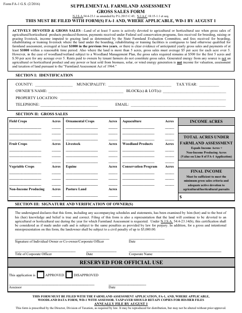 First page of the Supplemental Farmland Assessment Gross Sales Form