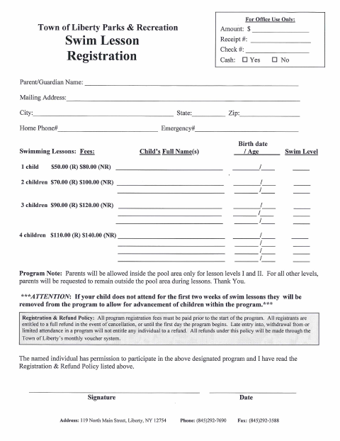 First page of the Swim Lesson Registration