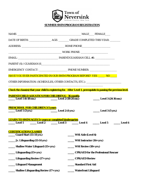 First page of the Summer Swim Program Registration