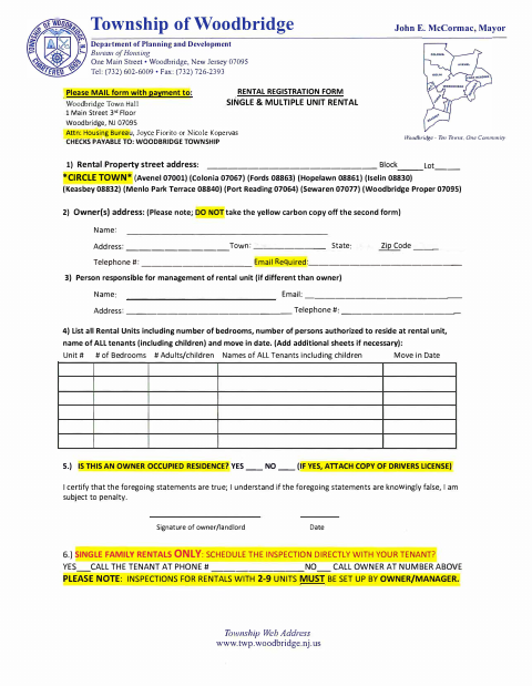 First page of the Rental Registration Form for Single and Multiple Unit Rentals