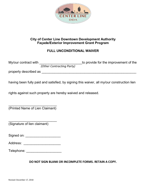 First page of the DDA Full and Unconditional Construction Waiver