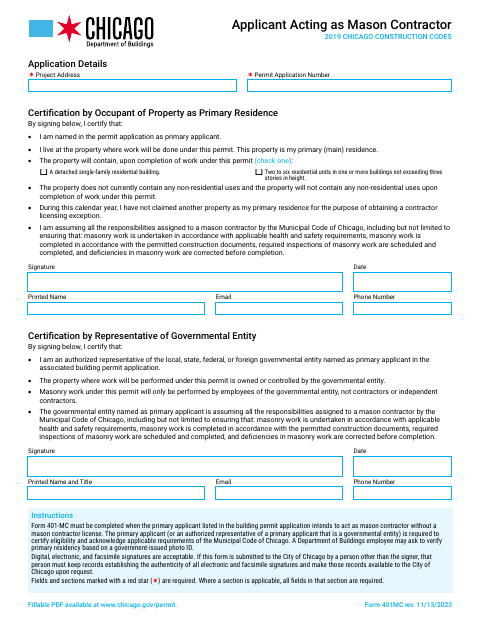 First page of the Applicant Acting as Mason Contractor (Form 401MC)