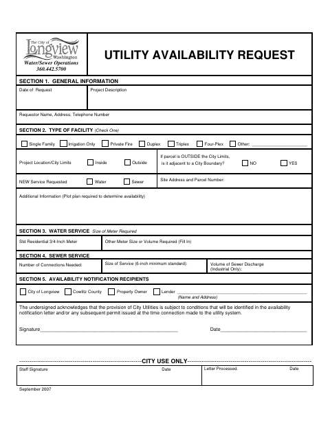 First page of the Utility Availability Request