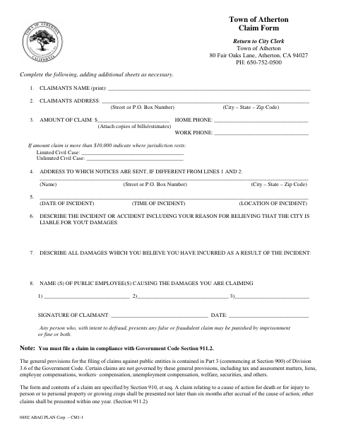 First page of the Claim Form
