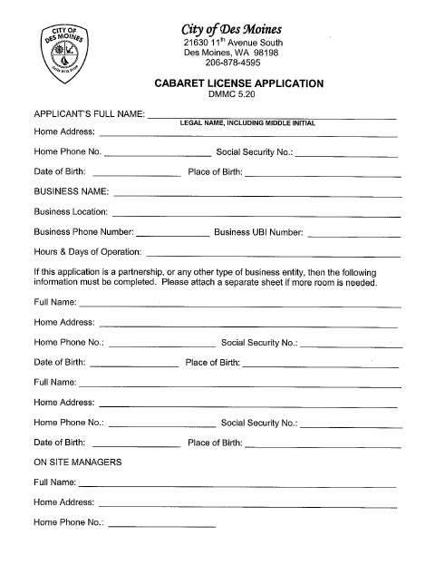 First page of the Cabaret License Application
